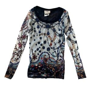 FUZZI NWT by Jean Paul Gaultier Jewel Print Mesh Long Sleeve Top- Size M